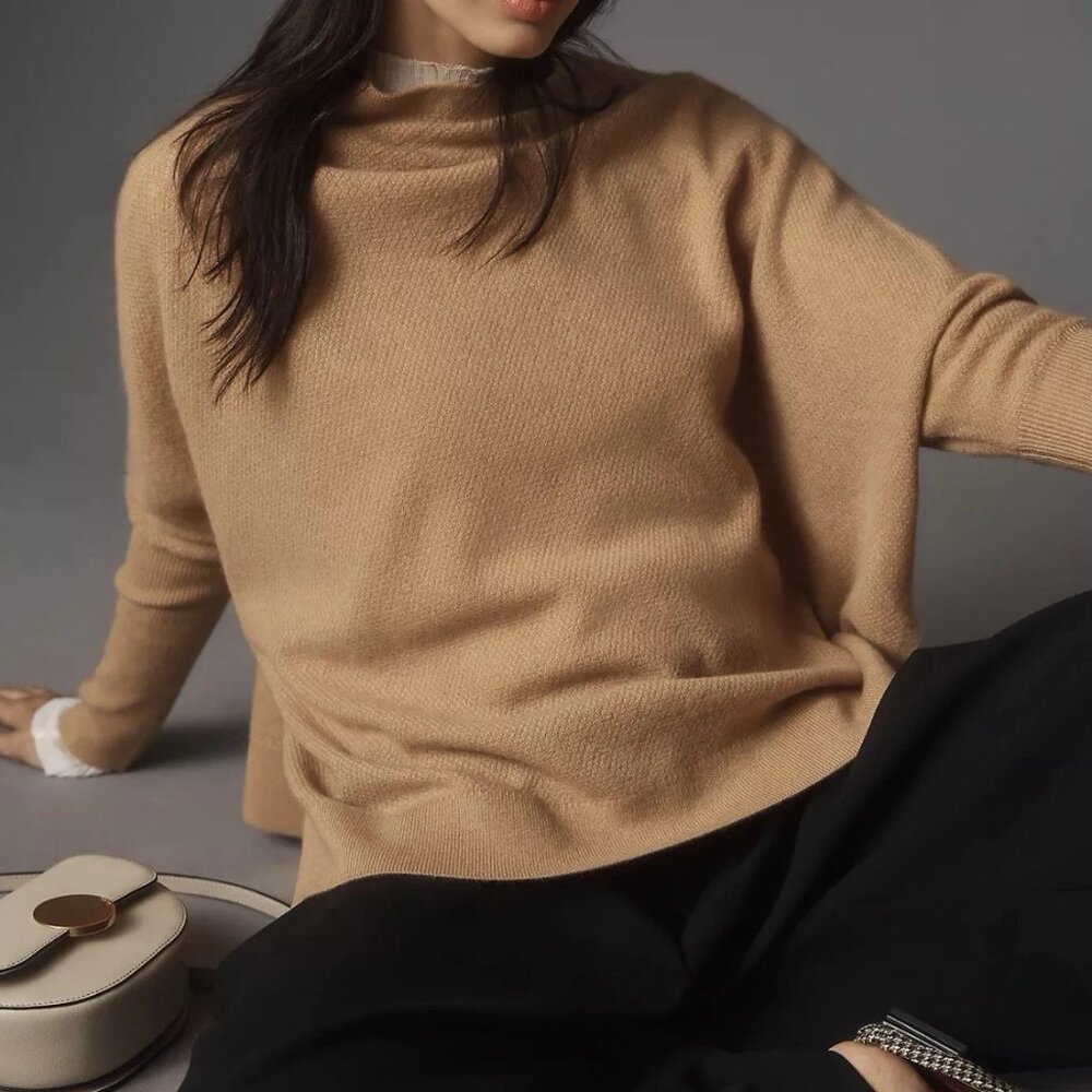Anthropologie Maeve Shea Oversized Boxy Cashmere Sweater XXS Mock Neck Soft Luxe